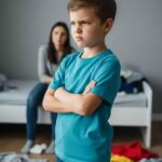 Child with ADHD struggling to focus on homework while parents look concerned, highlighting early attention disorder symptoms and the need for professional support.