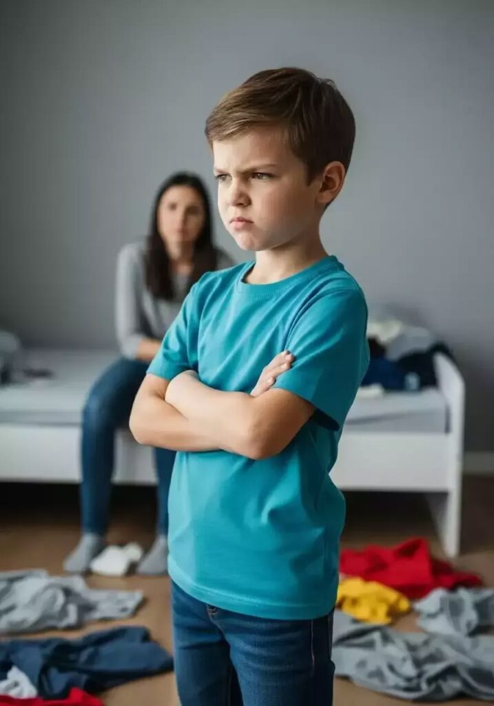 Child with ADHD struggling to focus on homework while parents look concerned, highlighting early attention disorder symptoms and the need for professional support.