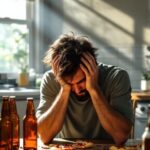 Person experiencing emotional stress while holding a cigarette and alcohol, representing alcohol and nicotine addiction affecting mental health and emotional wellbeing.