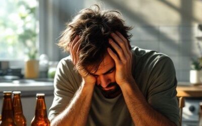 Person experiencing emotional stress while holding a cigarette and alcohol, representing alcohol and nicotine addiction affecting mental health and emotional wellbeing.