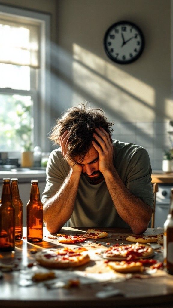 Person experiencing emotional stress while holding a cigarette and alcohol, representing alcohol and nicotine addiction affecting mental health and emotional wellbeing.