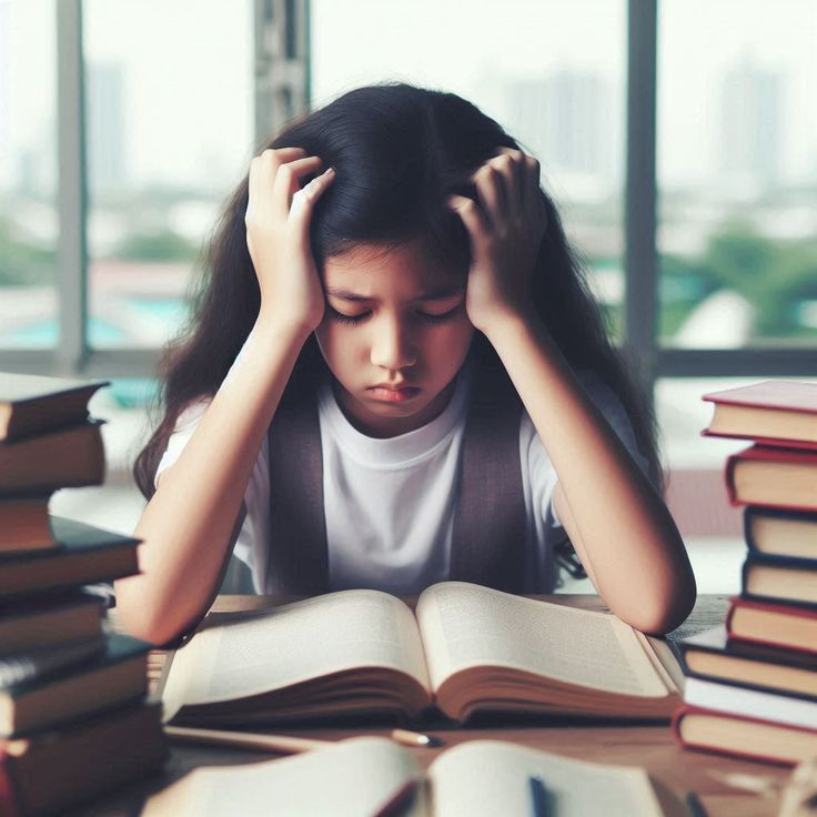 Intelligent school-age child struggling to focus during homework, highlighting undiagnosed attention disorders affecting learning and school performance.